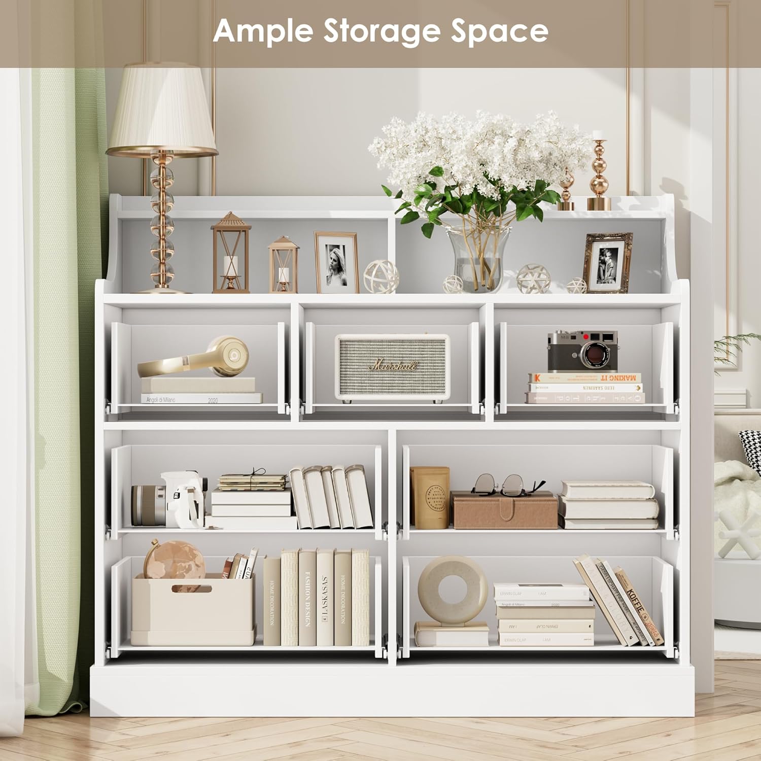 finetones 7 Drawer Dresser, White Dresser Double Dresser with Shelves, White and Gold Dresser, Wide Chest of Drawers, Dressers & Chests of Drawers, Large Wooden Storage White Dresser for Living Room