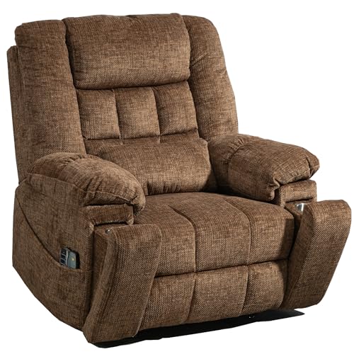 Light Grey Recliner Chair for Elderly | Tall and Big Man 400lbs | Chenille | Power Lift, Lay Flat, Stand Up, Wireless Charging Device, Extended Footrest, Massage Heat, Cup Holder, Lumbar Pillow