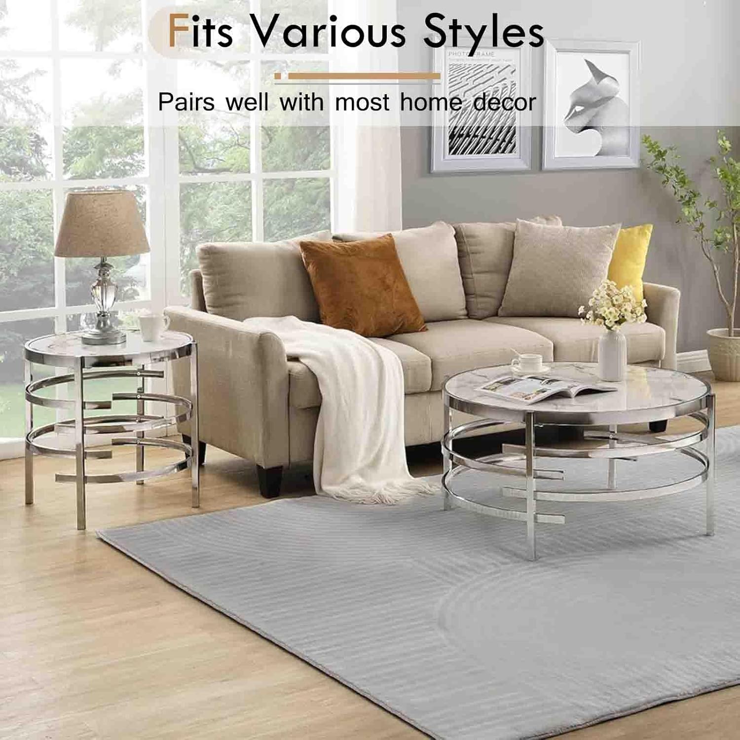 Goujxcy Modern Round Coffee Table, Elegant Coffee Table with Faux Marble Sintered Stone & Irregular Silver Metal Frame, 32.5in Cocktail Tea Table Center Table for Living Room Apartent Small Place