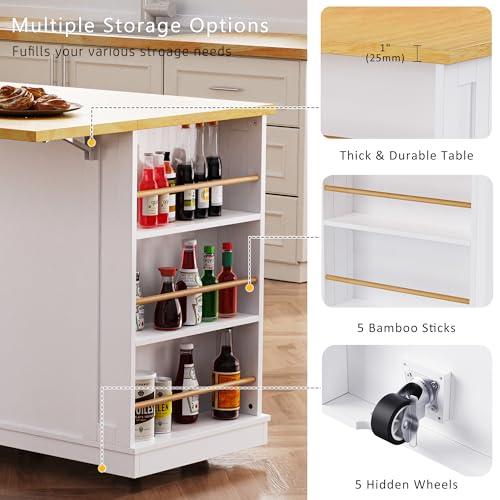 53" Rolling Large Kitchen Island Set with Power Outlet,Mobile Carts with Storage Cabinet,Extra Drop Leaf,3 Drawers and 5 Open Side Racks,Wood Table for Dining Room (Island & Stools)