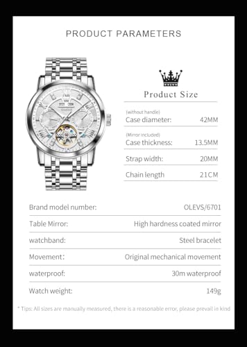 OLEVS Automatic Watches for Men Self Winding Mechanical Skeleton Luxury Dress Stainless Steel Diamond Men Wrist Watches