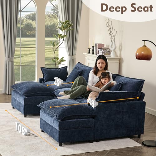 108" U Shaped Couch, Modular Sectional Sofa, 3-Seater Comfy Cloud Couch with Movable Ottoman, Deep Seat Couches for Living Room, Chenille, Black