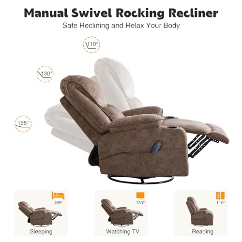 Swivel Rocker Recliner Chair, Power Reclining Chair Breathable Leather Recliner for Adults with Cup Holders and USB Port, Oversized Glider Rocking Recliner for Living Room, Dark Brown
