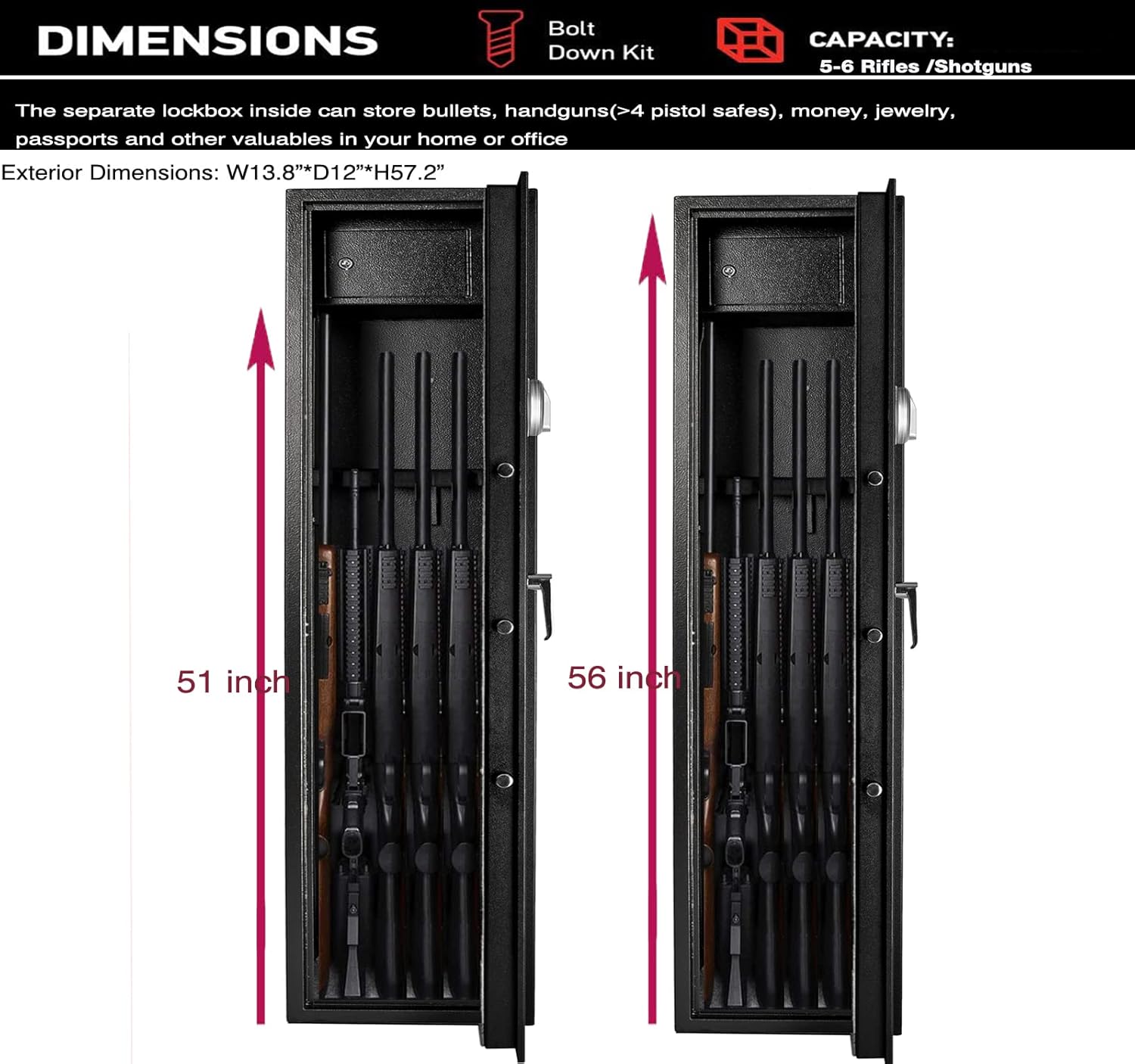Large Rifle Safe, Gun Safe for Home Rifles and Pistols, Quick Access 5-6 Gun Cabinet Shotgun Safe (with/Without Scope) with Pistol Lockbox Slient Mode (Large Gun Safe-Biometric) …