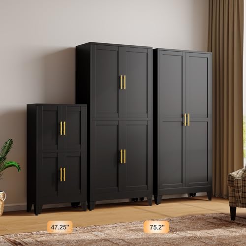 75.2" Tall Metal Pantry Cabinet, Storage Cabinets with 4 Door and 4 Adjustable Shelves, Black Kitchen Pantry Storage Cabinet, Freestanding Cupboard for Kitchen Dining Room Living Room Bathroom