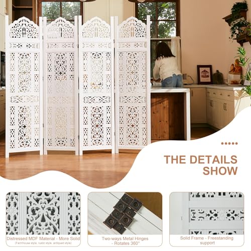 5.75Ft Room Divider Wood Carved Wall Divider Indoor Folding Portable Partition Screen for Home Office Garden Terrace - 4 Panel (Antique Brown)