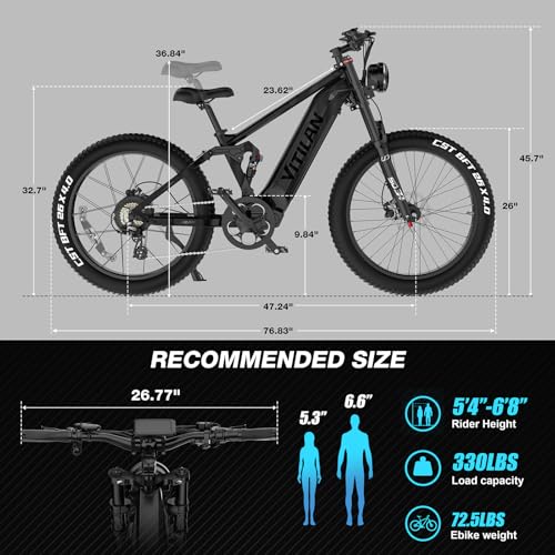 VITILAN T7 PRO 1600W Peak Electric Bike for Adults Fat Tire Ebike, 52V 20AH Removable Battery Max Range 80Miles & 35MPH, 26 Inch Mountain Electric Bicycle with Full Suspension