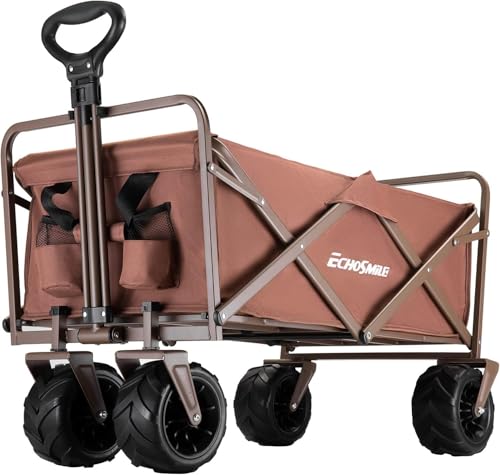 kejector Collapsible Wagon Cart - Heavy Duty Foldable 360-Degree Swivel Wheels Beach Wagon with Side Pockets, Adjustable Handle, Utility 140l Capacity Portable Cart for Camping, Sports, Black
