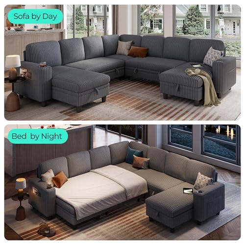 LINSY HOME Sectional Sleeper Sofa with Pull Out Couch Bed Convertible Plush Corduroy Cloud Couch with Storage Chaise & USB Charging, Comfy L Shaped Modular Couches for Living Room Apartment (Grey)