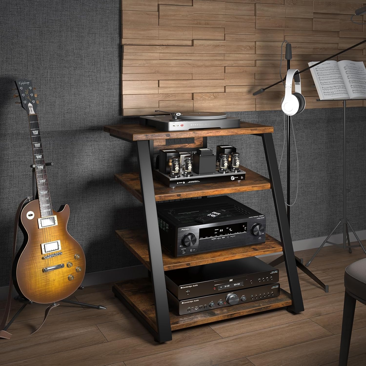 AV Media Stand with Outlets, Stereo Racks with LED Lights, Media Console, Record Player Stand, Media Audio Tower Cabinet, 30'', Rustic Brown