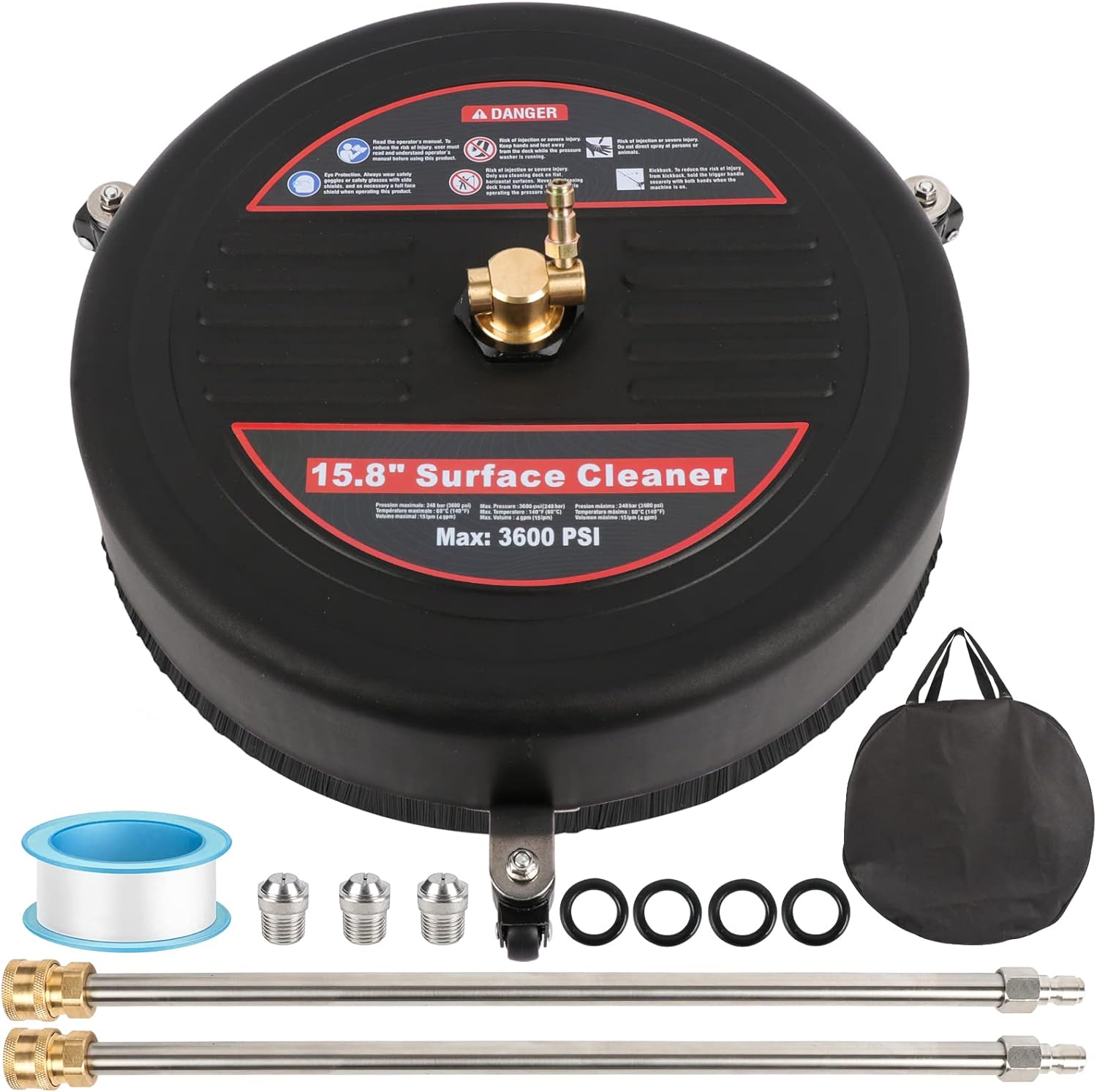 15.8'' Pressure Washer Surface Cleaner, 3600 PSI Plastic Power Surface Cleaner with 3 Wheels, 2 Extension Wands, 1/4" Quick Connection, Watertight Tape, Storage bag - for Cleaning Driveway Sidewalk