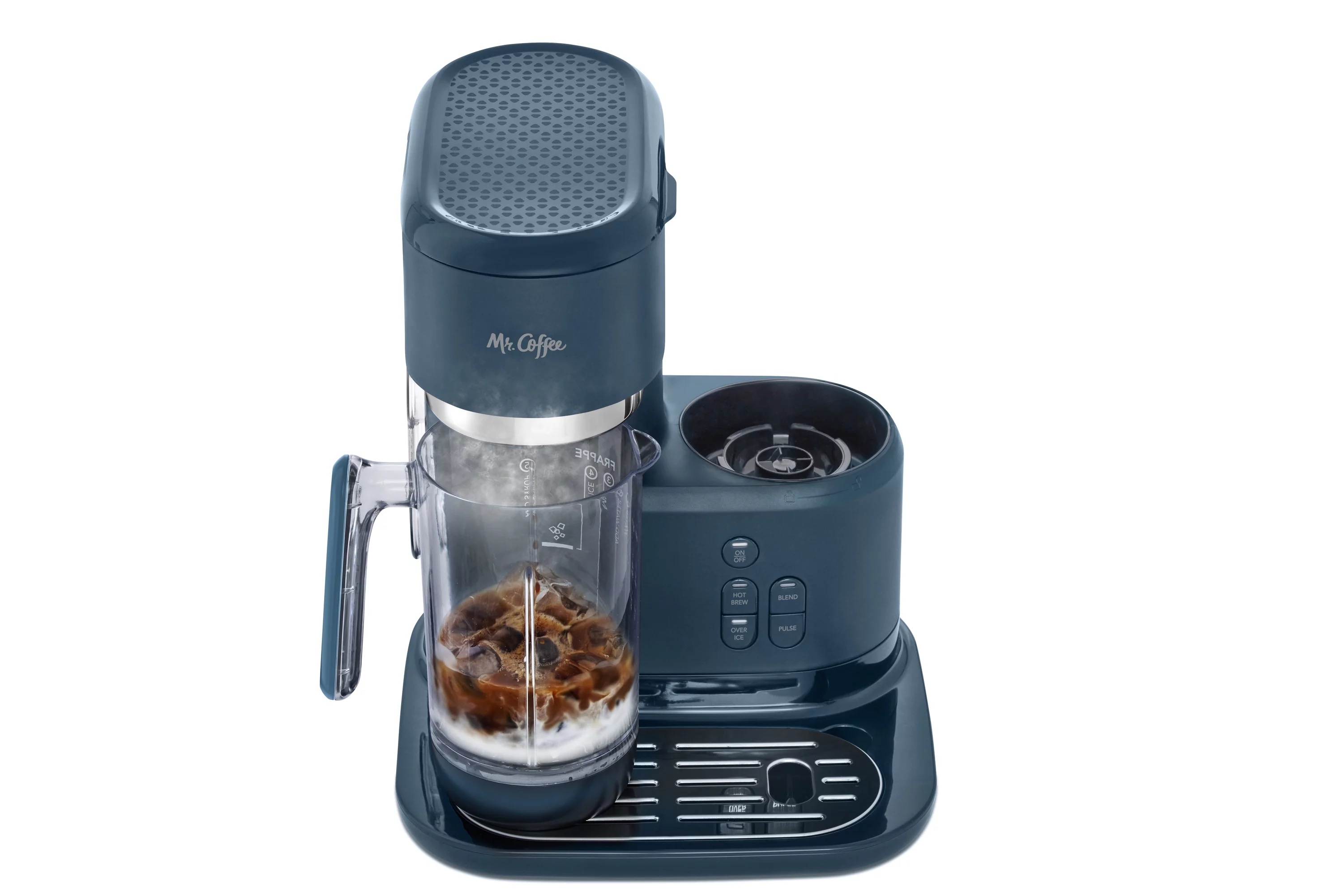 Mr. Coffee Single Serve Frappe, Iced, and Hot Coffee Maker and Blender, Single Serve Iced Coffee Maker with Reusable Tumblers and Coffee Filter, Navy Blue