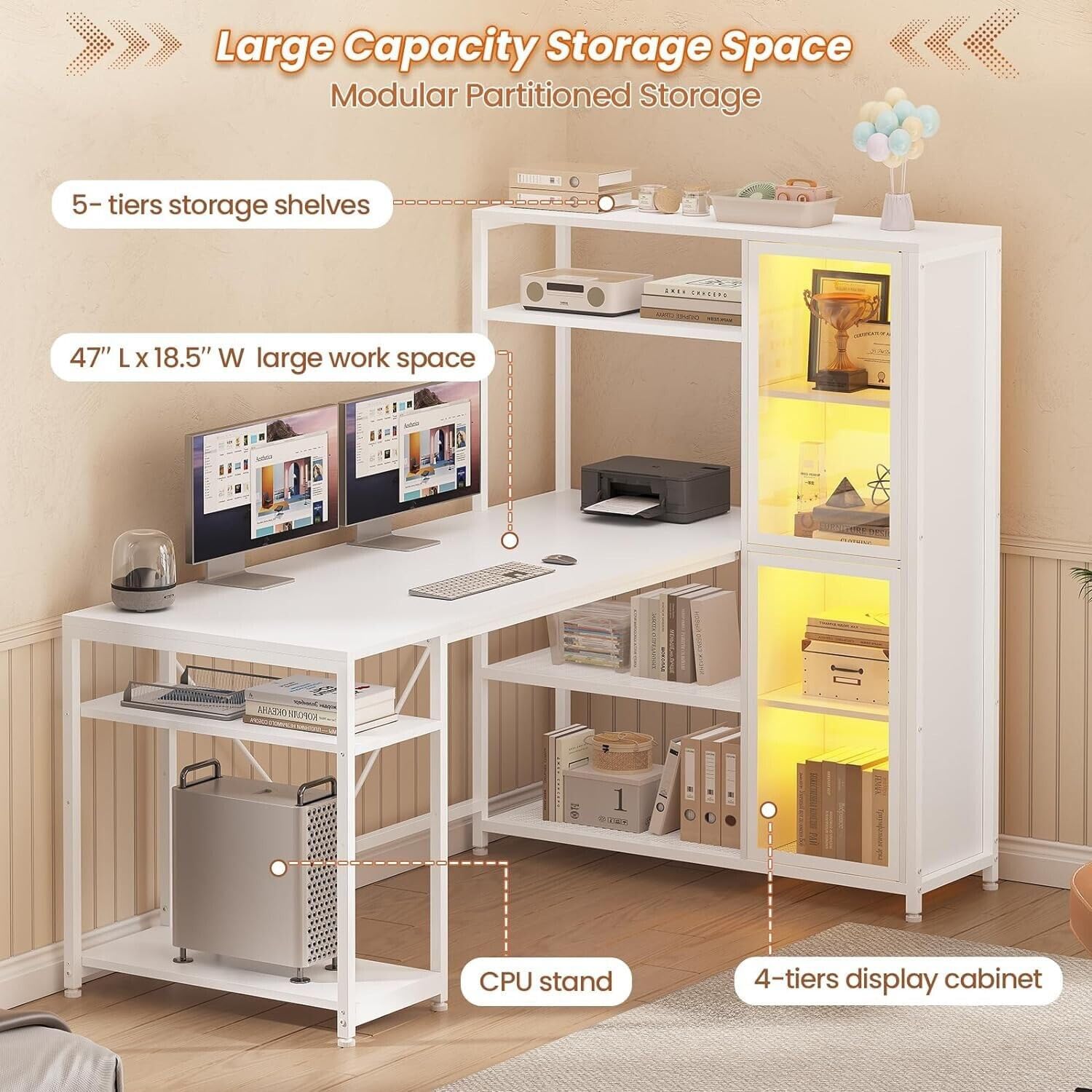 New White 59 Inches L Shape Computer Desk Shelves Storage Display LED Light Bookshelf Door Gamer Table Corner Gaming Cabinet File Shelf Outlets Power Home Office Modern 59”L x 31.5”W x 50.7”H of Set