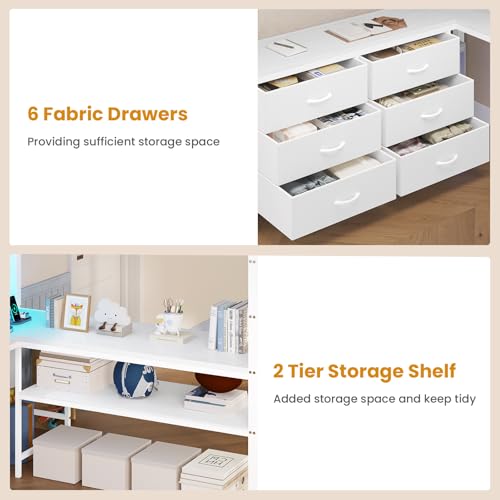 ADORNEVE Loft Bed Full Size with U-Shaped Desk, 6 Storage Drawers, Power Outlet, LED Metal Loft Bed with 2 Storage Shelves, Bed with Safety Guardrail & Ladders, No Box Spring Needed, Rustic Brown