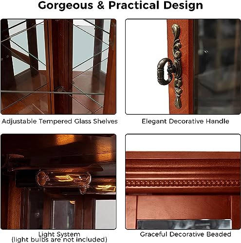 Lighted Curio Cabinet, Wooden Corner Display Cabinet Adjustable Tempered Glass Shelves, Floor Stand Collection Art Display Rack for Bar or Living Room - Walnut (Light bulb not included)