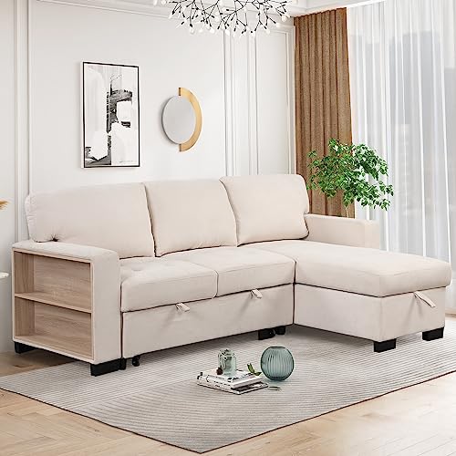 85.2" Upholstery Sleeper Sectional Couch Futon Sofa Bed with Storage Chaise for Living Room Convertible Pull Out Couch USB port 2 Cup Holders Small Lounge Space Beige