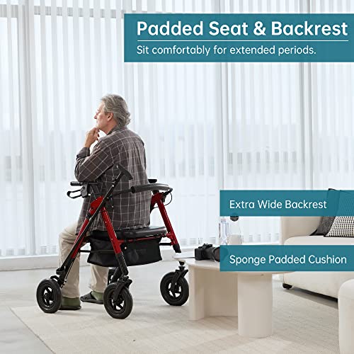 ELENKER Heavy Duty All-Terrain Rollator Walker with Extra Wide Padded Seat and Backrest, Bariatric Rolling Walker, 10" Non-Pneumatic Wheels, Supports up to 500lbs for Seniors, Red