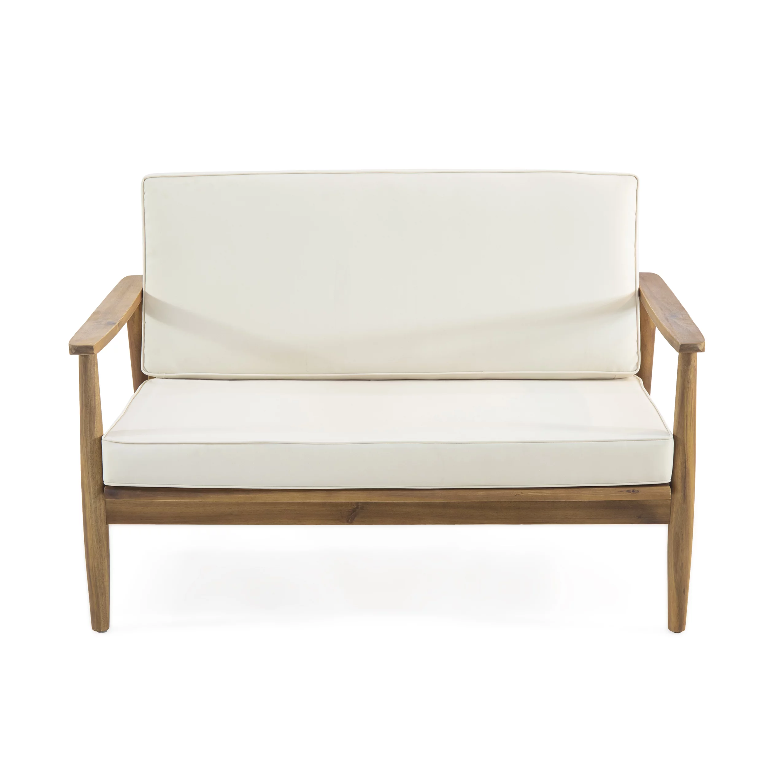 Greta Outdoor Acacia Wood Loveseat Set with Coffee Table, Teak, Beige