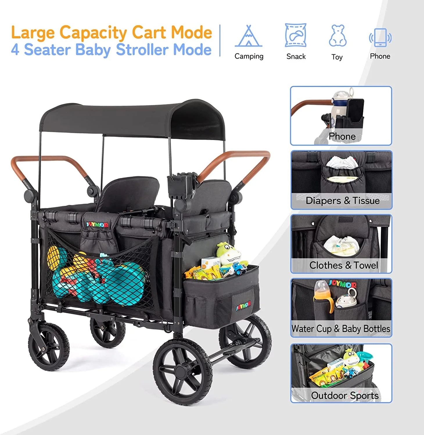 JOYMOR Stroller Wagon for 4 Kids, Luxury 4 Seater Wagon Stroller, Features Rubber Wheel,5-Point Harnesses, Double Side Handles, Adjustable/Removable UV-Protection Canopy