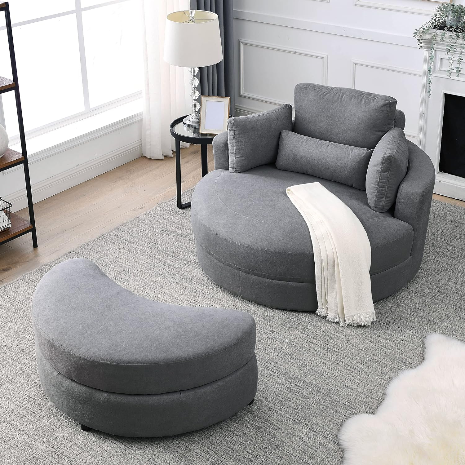Welike Swivel Accent Barrel Modern Dark Grey Sofa Lounge Club Big Round Chair with Storage Ottoman Linen Fabric for Living Room Hotel with Pillows
