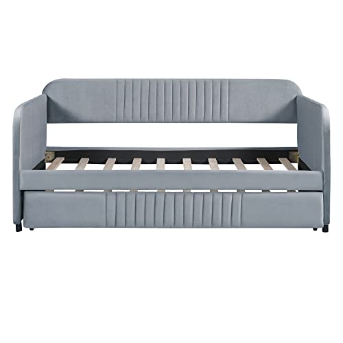 Upholstered Twin Size Daybed with 2 Storage Drawers,Upholstered Day Bed Frame Velvet Sofa Beds with Vertical Channel Tufted Headboard w/Wood Slat Support,No Box Spring Needed