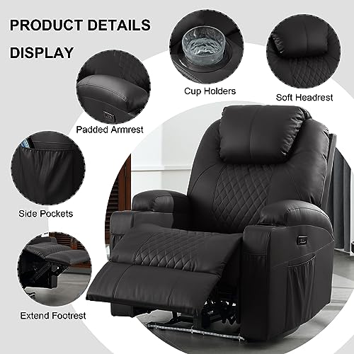 Power Recliner Chair with Heat and Massage, PU Leather Home Theater Seating w/LED Lights/Cup Holders/Side Pocket/USB Port, Lazy Boy Reclining Sofa Chair for Living Room (2, Brown)