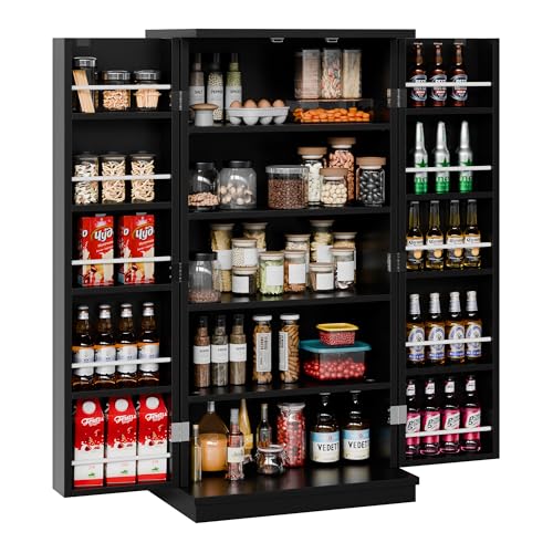 SUNLEI 47" Kitchen Pantry Cabinet, White Food Storage Cabinets with Door and Adjutable Shelves, Freestanding Wooden Dresser for Kitchen, Dining Room, Living Room and Bedroom