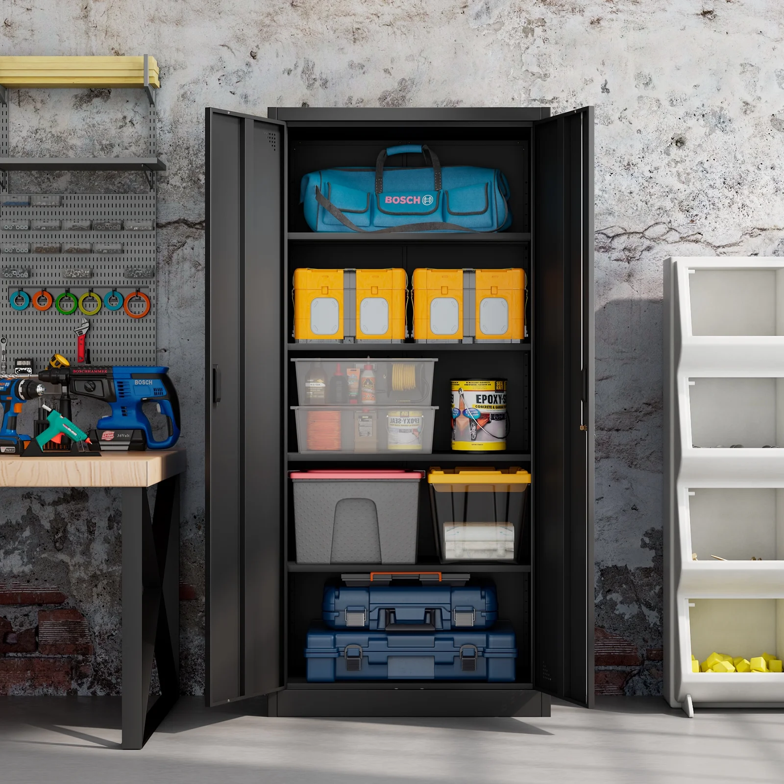 Metal Storage Cabinet Tall Locking Tool Cainets With Doors and Adjustable Shelves Garage Cabinets And Storage System for Garage Office Home Kitchen Gym Pantry,71”Hx 31.5”Wx 15.7”D, Black