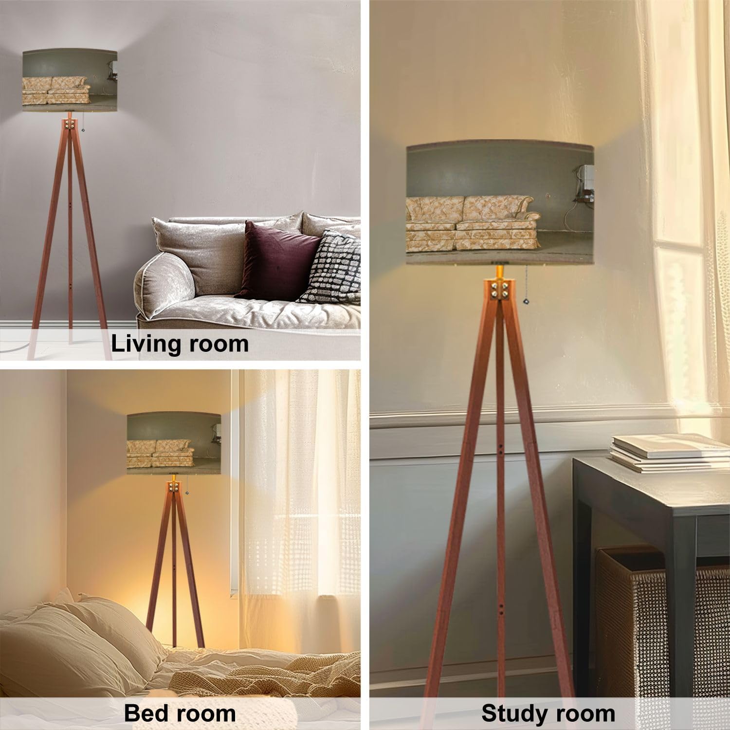 Wood Tripod Floor Lamp derelict couch Modern Standing Lamp Linen Lampshade Dimmable Tall Lamp Mid Century Floor Lamp for Living Room Bedroom