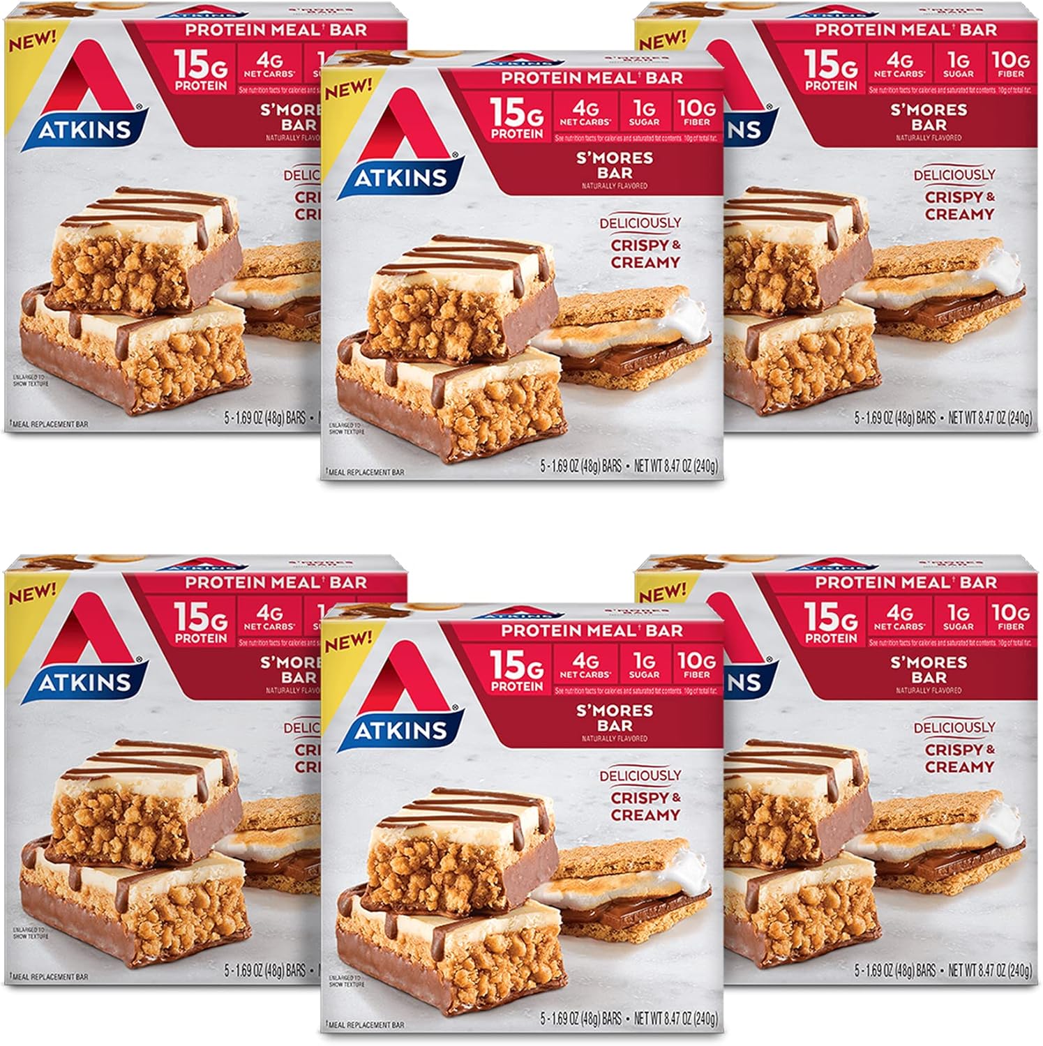 Atkins S'Mores Protein Meal Bar, Crispy Creamy with Real Almond Butter, KetoFriendly, 30 Bars Pack of 2