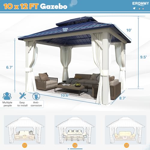 EROMMY 14'x20' Hardtop Gazebo Double Roof Galvanized Steel Canopy Outdoor Aluminum Frame Permanent Metal Pavilion with Netting and Curtains for Patio Backyard Deck and Lawns