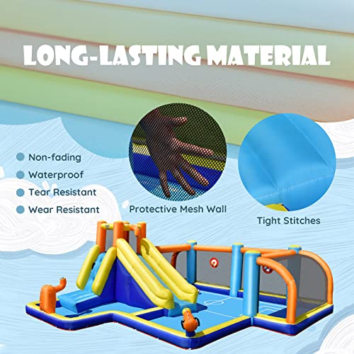 GLACER Inflatable Water Slide, 8-in-1 Blow Up Waterslide with Soccer Zone, Climbing Wall, 2 Water Cannons and Target Game, Water Bounce House with Carry Bag for Kids and Adults (with 735W Air Blower)