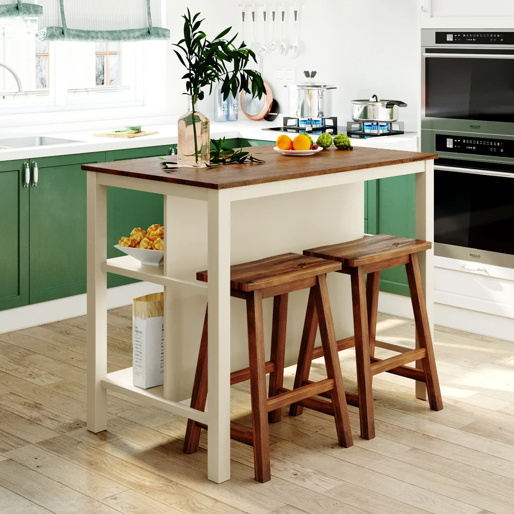Rustic Stationary Kitchen Island Set with 2 Stools, Solid Wood Rubber Butcher Block Dining Prep Table Open Shelves for Small Places, Walnut+Cream White