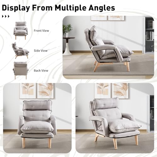 Linen Accent Chair with Ottoman, Adjustable Lounge Chair with Footstool and Soft Cushion, Leisure Sofa Armchair with Wooden Legs, Comfy Relaxing Chair for Lounge, Living Room, Office (Gray)