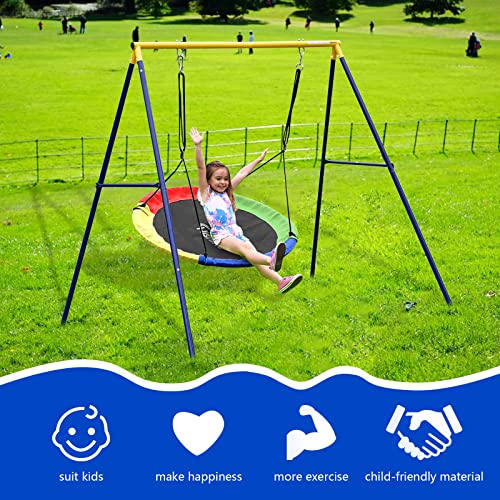 Swing Set,43inch Saucer Tree Swing with A Frame Swing Stand Heavy Duty,Durable Textilene Round Swing and Metal Frame,Anti-Rust and All Weather Resistant for Kids Outdoor Backyard (6clrbk)