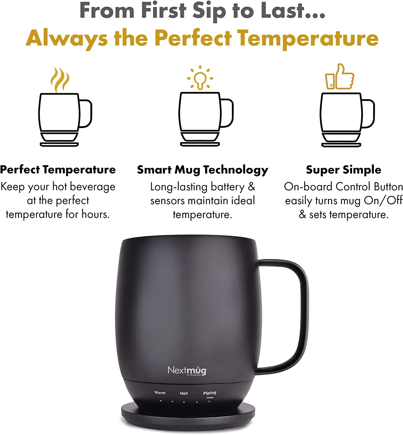 Nextmug by Nextboom - Temperature-Controlled, Self-Heating Coffee Mug (Black - 14 oz.)