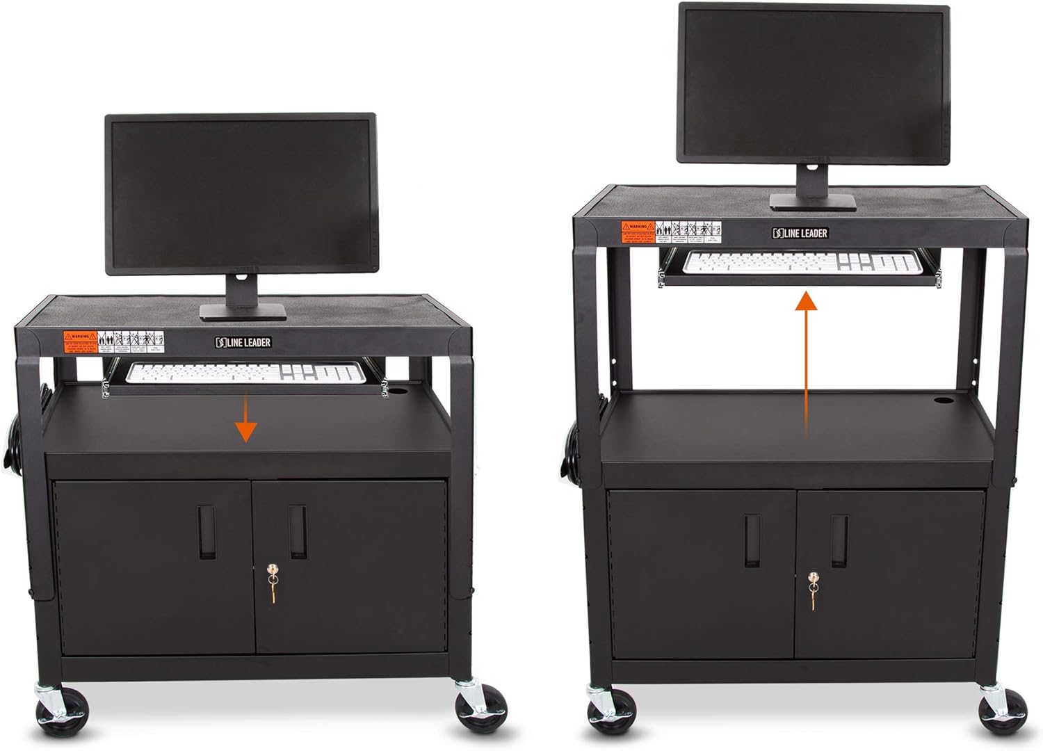 Line Leader Large AV Cart with Locking Cabinet | Height Adjustable Utility Cart | Includes Pullout Keyboard Tray & Cord Management | Easy Assembly (32in x 18in x 42in / Black)