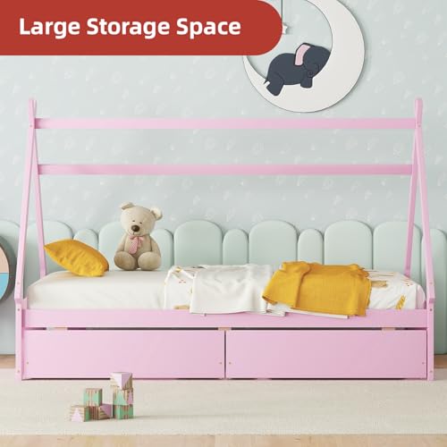 Twin Size House Platform Bed with Two Drawers Headboard and Footboard Wood Daybed Frame Bedroom Furniture for Girls BoysKids, No Box Spring Needed,Pink