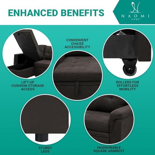 Naomi Home Jenny Sectional Sofa Sleeper with Storage Chaise, Tufted Pull Out Couch with Storage, L-Shaped Reversible Sleeper Sofa with Storage, Black,Air Leather