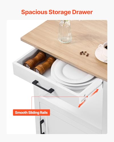 VEVOR Kitchen Island Cart with Solid Wood Top, 35.4" Width Mobile Carts with Storage Cabinet, Rolling Kitchen Table with Spice Rack, Towel Rack, and Drawer, Portable Islands on Wheels, White