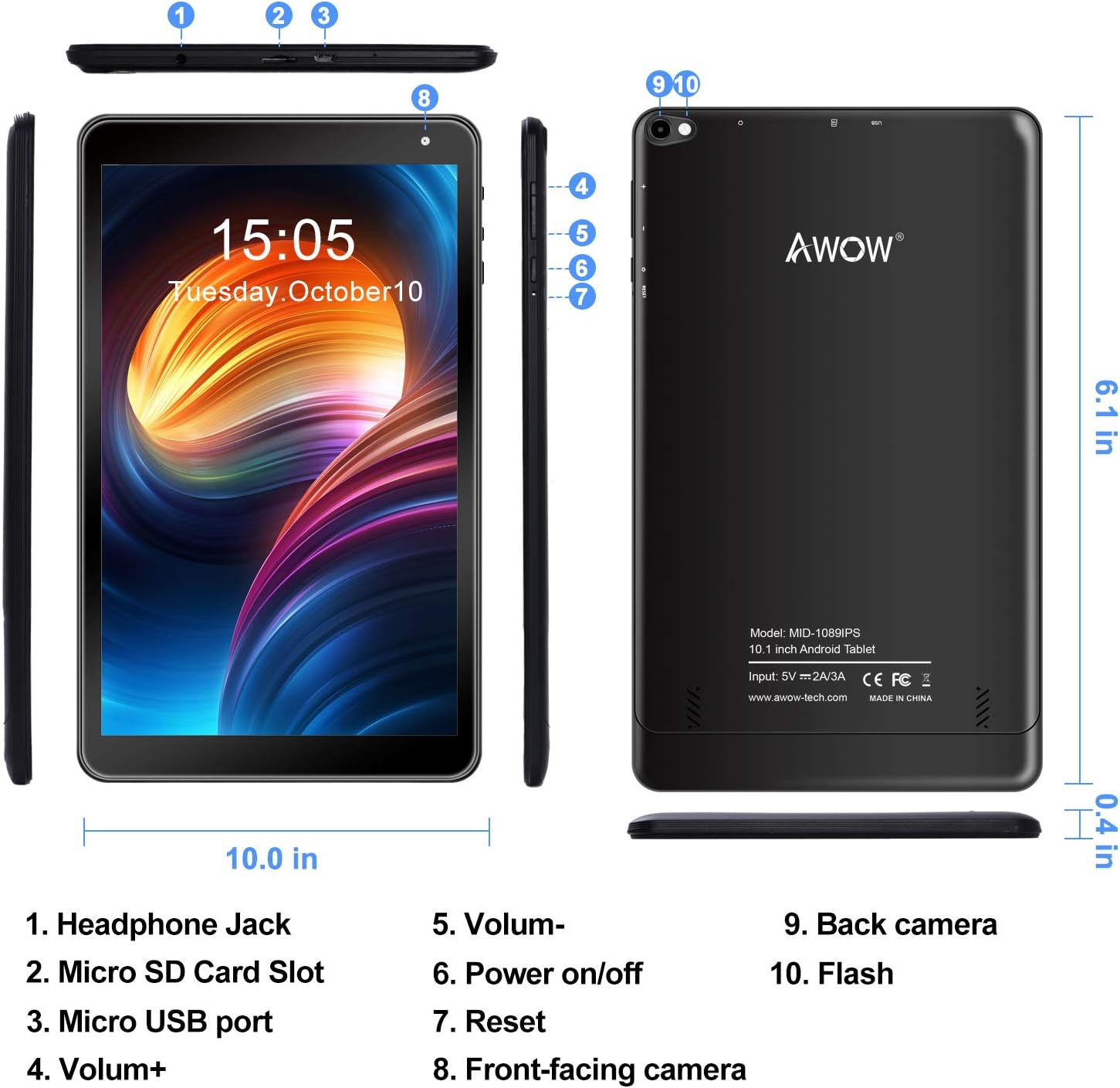 Tablet 10.1 inch Android Tablet AWOW, 1.5GHz Quad Core, 2GB RAM, 32GB ROM, 1280 x 800 HD IPS, 0.3MP & 2MP Camera, Android 10 GO, 2.4G WiFi, Bluetooth 4.0, Micro USB2.0, 5000mAh Battery Capacity