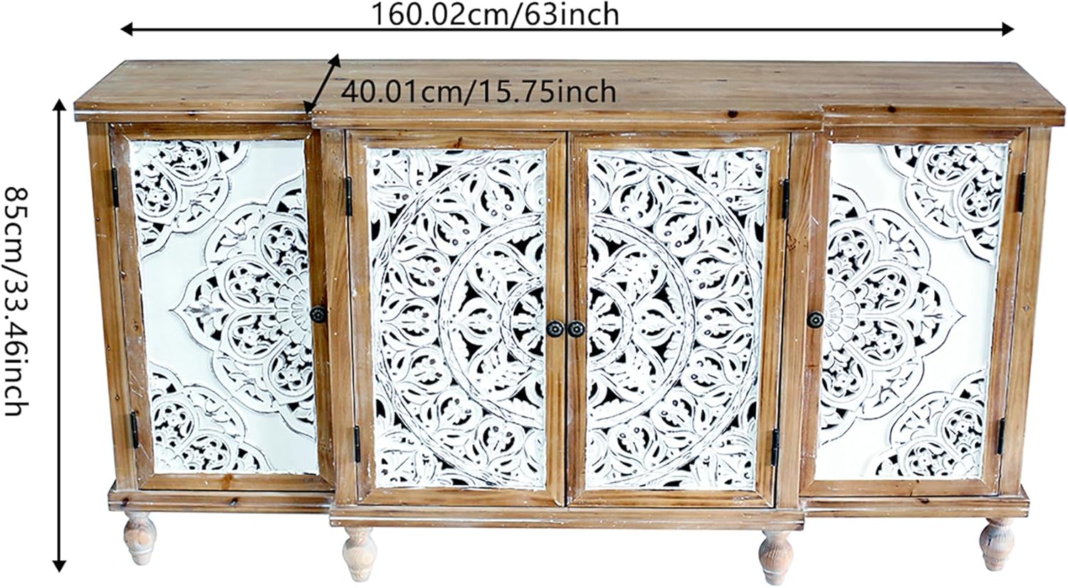 4-Door Hollow-Carved Accent Cabinet, Distressed Wood Storage Cabinet Cupboard with adjustable shelves,unique design for Kitchen, Dining Room, Living Room, Entryway, Natural wood