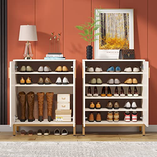 Shoe Cabinet with Doors, 20 Pairs Entryway Shoe Storage Cabinet Modern Storage Organizer for Closet, Living Room, Bedroom (White/Gold)