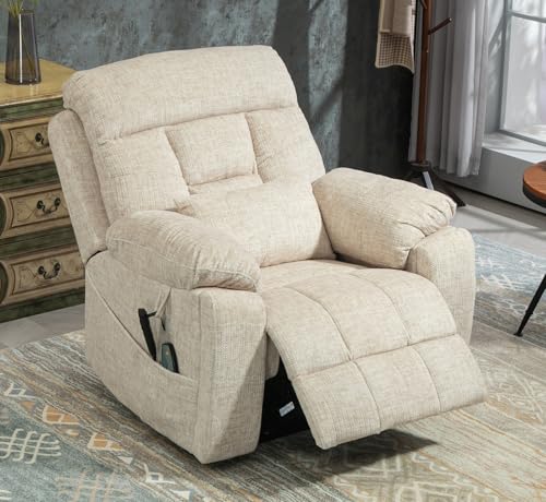 Light Grey Recliner Chair for Elderly | Tall and Big Man 400lbs | Chenille | Power Lift, Lay Flat, Stand Up, Wireless Charging Device, Extended Footrest, Massage Heat, Cup Holder, Lumbar Pillow