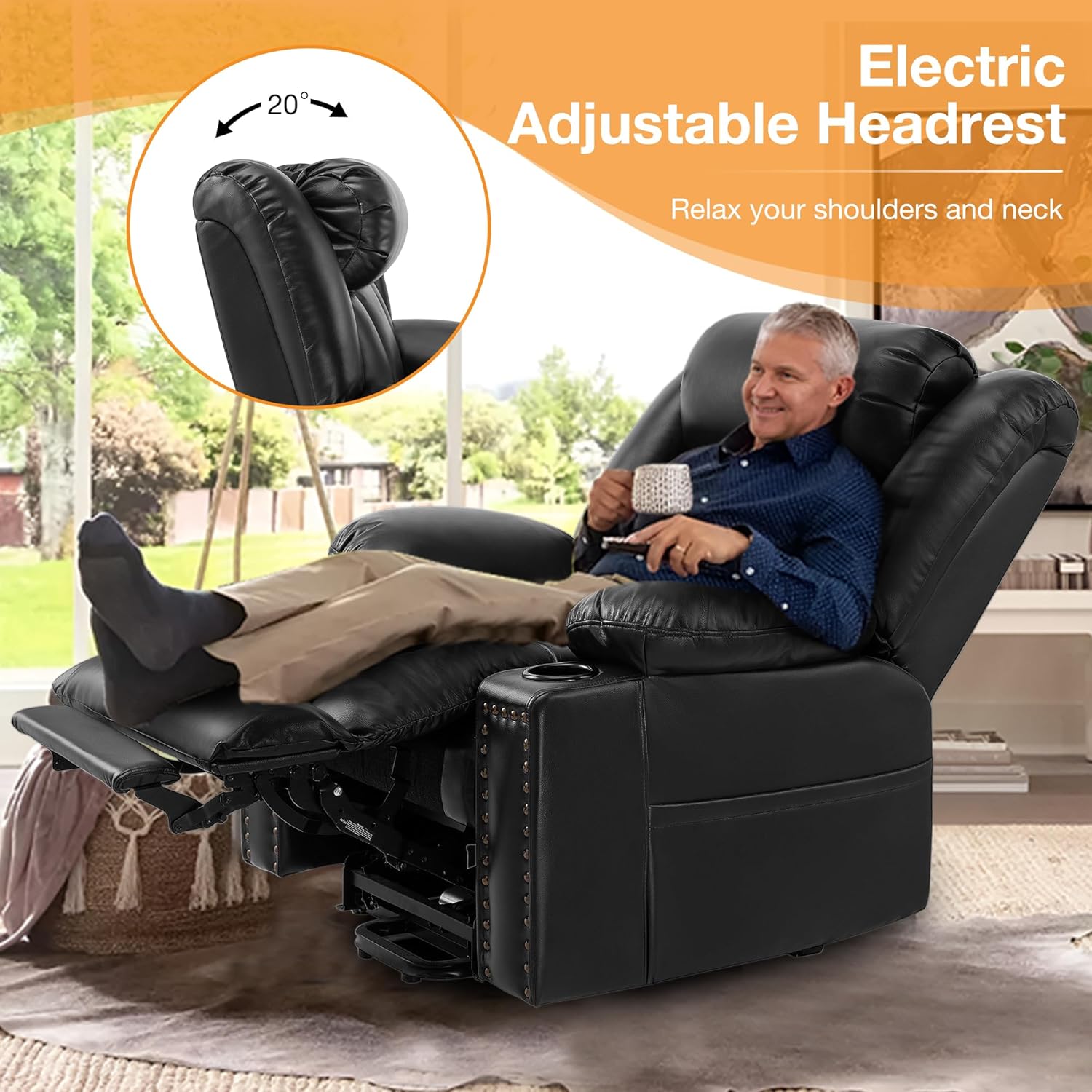 Triple Motor Large Power Lift Recliner Chair for Elderly with Heat and Massage, Lay Flat Lift Chairs for Seniors Infinite Position, Extended Footrest, USB Ports, Cup Holder, Black