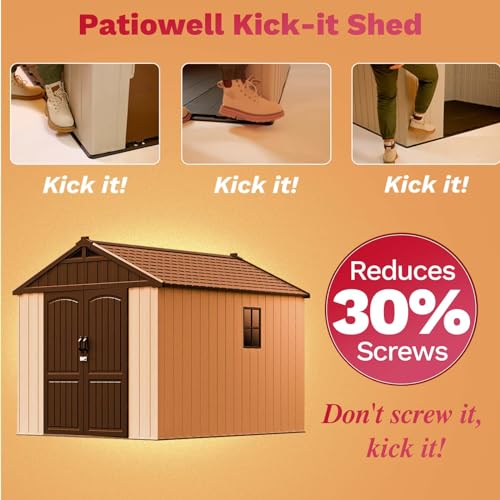 Patiowell 8 x 12 FT Plastic Outdoor Storage Shed with Floor, Resin Shed with Window and Lockable Door for Garden, Backyard, Tool Storage Use, Easy to Install in Beige (Kick-it Shed)