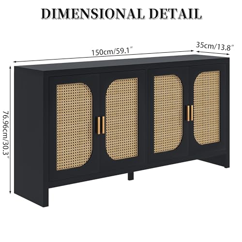 Sideboard Buffet Cabinet with 4 Rattan Doors,Accent Cabinet with Storage,Wood Modern Coffee Bar Cabinet Console Table,with Adjustable Shelves,Dining Room,Kitchen,Living Room,Entryway,Black
