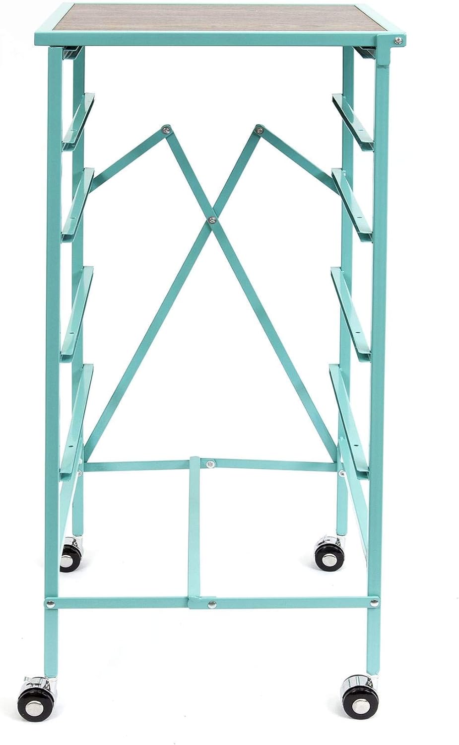 Origami Wheeled Folding Steel 5 Drawer Storage Kitchen Cart Wood Top, Turquoise