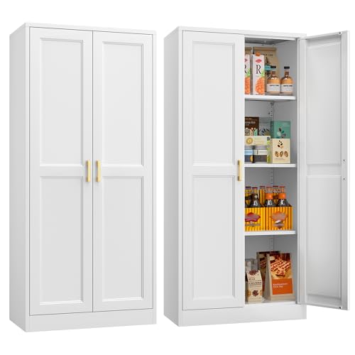 71" Tall Metal Storage Cabinet, Kitchen Pantry Storage Cabinets with Doors and 4 Shelves, White Pantry Cabinet, Utility Kitchen Cupboard, Large Steel Cabinets for Dining Room, Office, Living Room