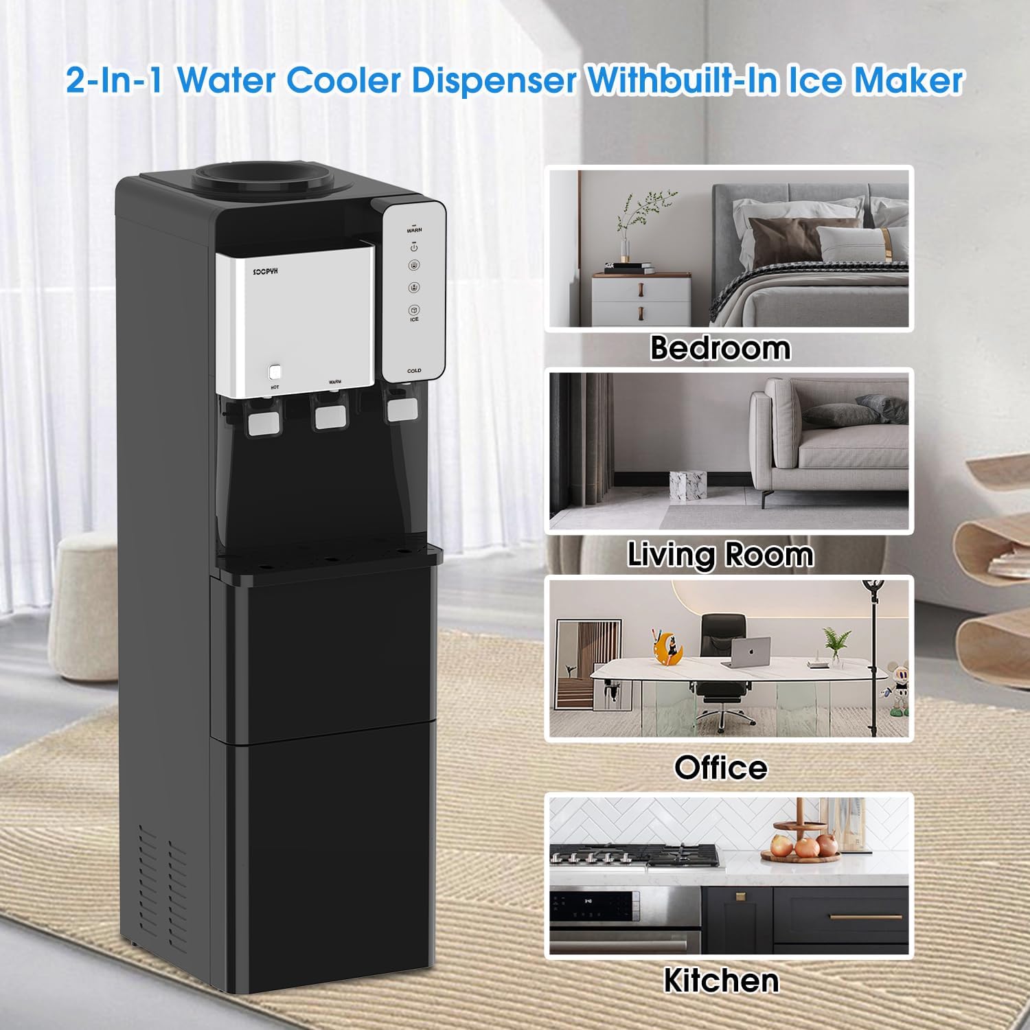 Hot and Cold Water Cooler Dispenser with Ice Maker 5 Gallon Bottle Top Load Built-in Ice Maker Perfect for Home Office